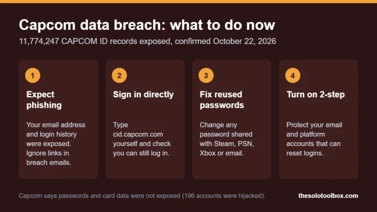 Checklist graphic: four steps to take after the Capcom ID data breach