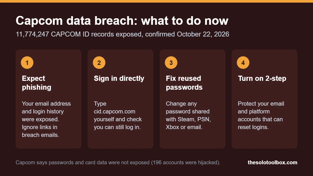 Checklist graphic: four steps to take after the Capcom ID data breach