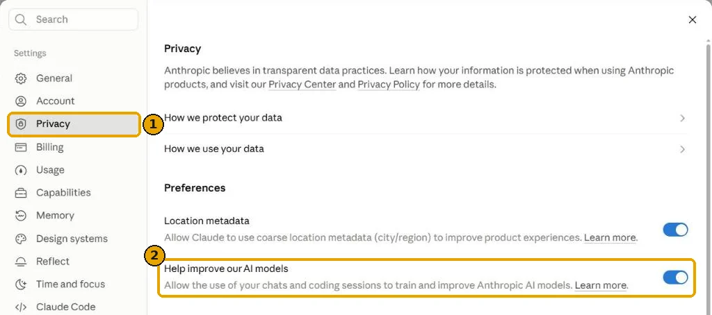 Claude Settings, Privacy page with Privacy selected in the menu and the Help improve our AI models switch highlighted, shown turned on