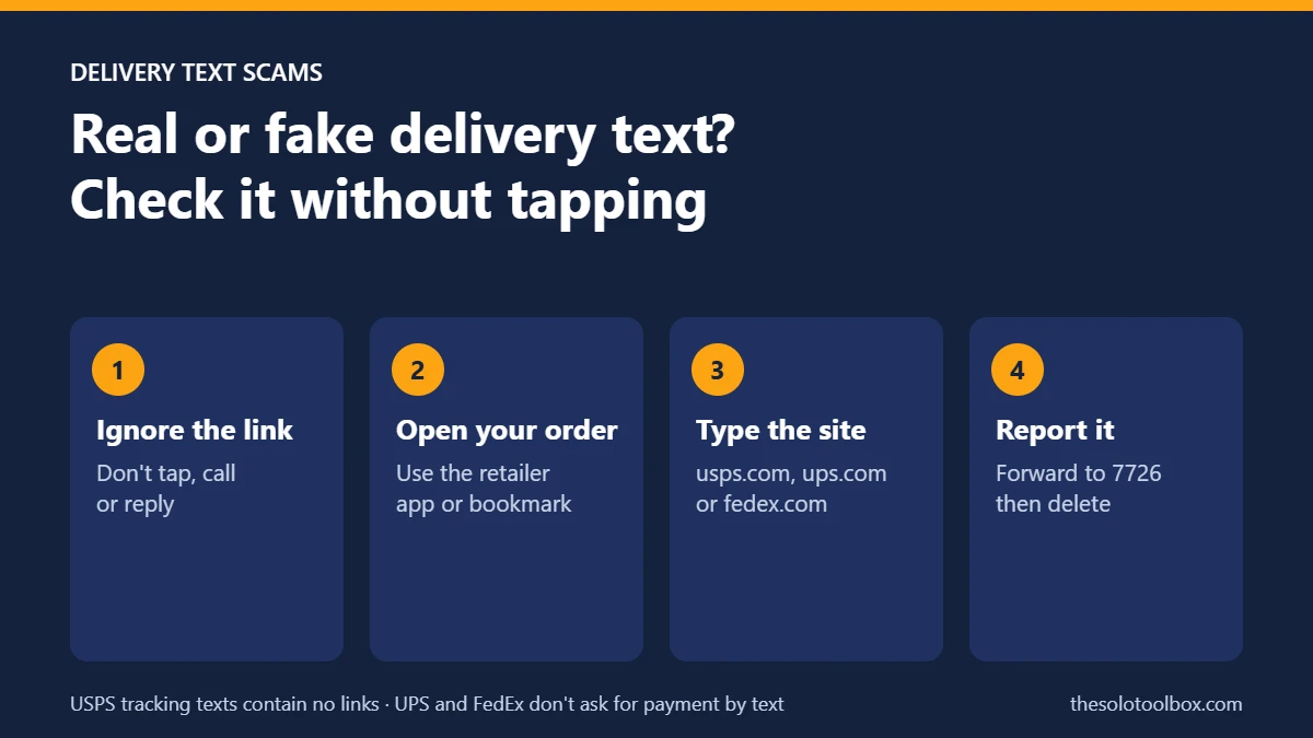 Checklist infographic for a fake package delivery text: ignore the link, open your order in the retailer app, type the carrier site, report to 7726