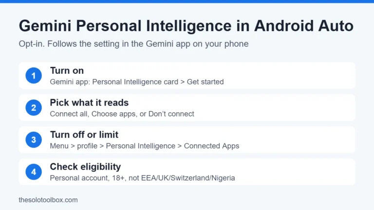 Infographic: how to turn Gemini Personal Intelligence on or off for Android Auto from the Gemini app Connected Apps settings