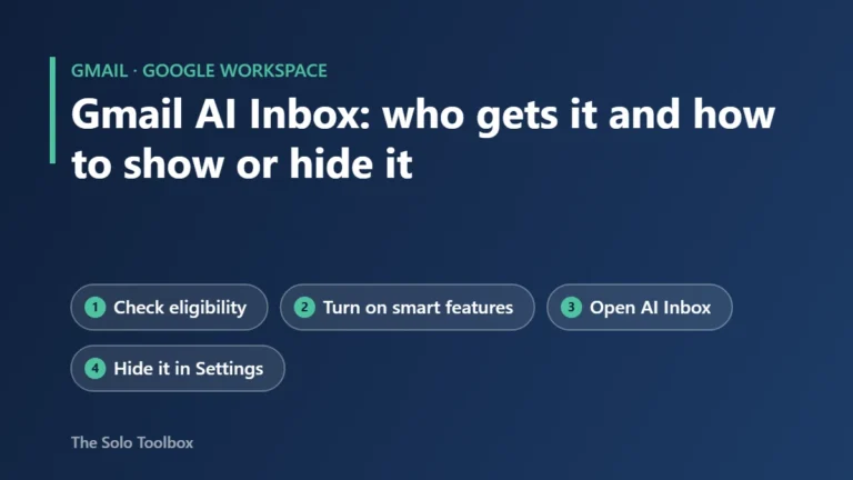Title graphic: Gmail AI Inbox, who gets it and how to show or hide it, in four steps: check eligibility, turn on smart features, open AI Inbox, hide it in Settings.