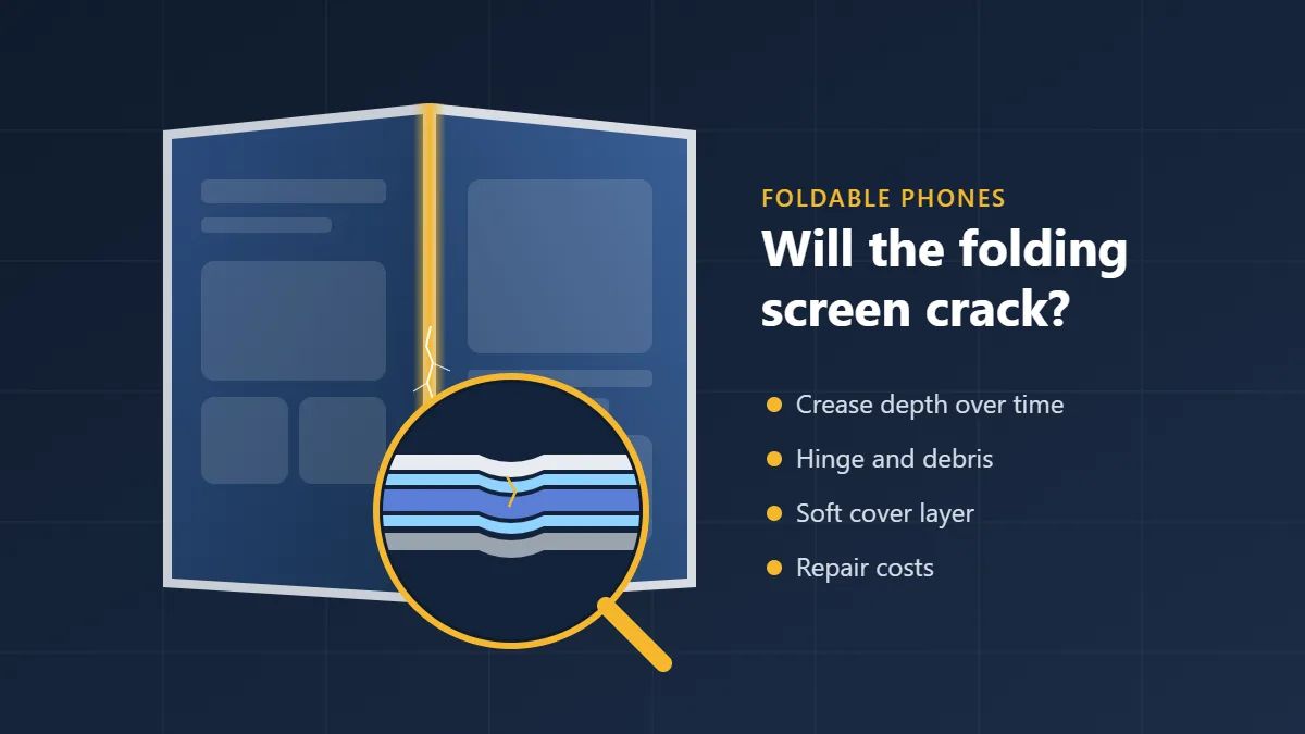 iPhone Duo durability illustration: a generic foldable phone opened flat, with the crease highlighted, a hairline crack along the fold and a cross-section of the display layers