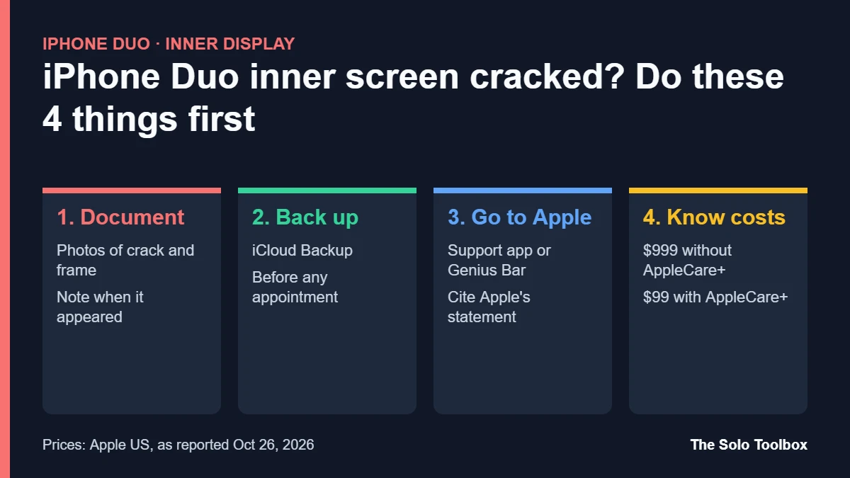 Four steps to take when an iPhone Duo inner screen cracks: document, back up, contact Apple, know repair costs