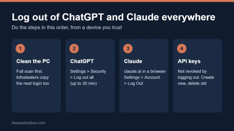 Four-step diagram: clean the PC, log out of all ChatGPT devices in Settings > Security, log out of Claude in Settings > Account, then replace API keys