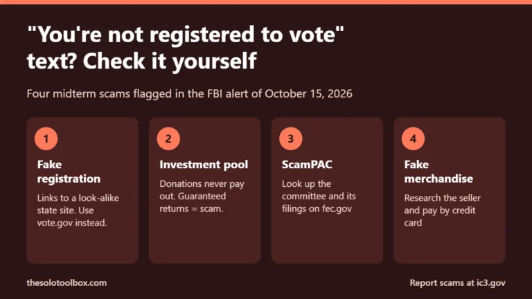 Four midterm election scams from the FBI alert: fake voter registration, investment pools, ScamPACs and fake merchandise