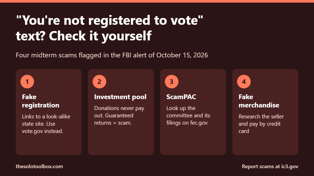 Four midterm election scams from the FBI alert: fake voter registration, investment pools, ScamPACs and fake merchandise