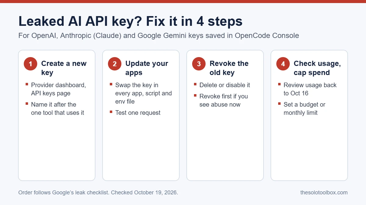 Four-step checklist for replacing a leaked AI API key: create a new key, update your apps, revoke the old key, then check usage back to October 16 and set a spending limit.
