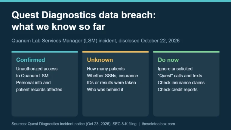 Infographic summarizing the Quest Diagnostics Quanum LSM data breach: what is confirmed, what is unknown and what patients should do now