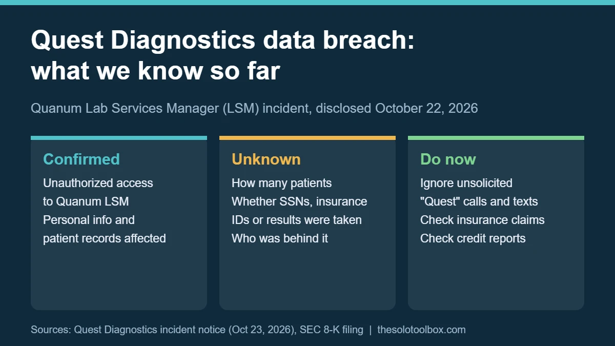 Infographic summarizing the Quest Diagnostics Quanum LSM data breach: what is confirmed, what is unknown and what patients should do now