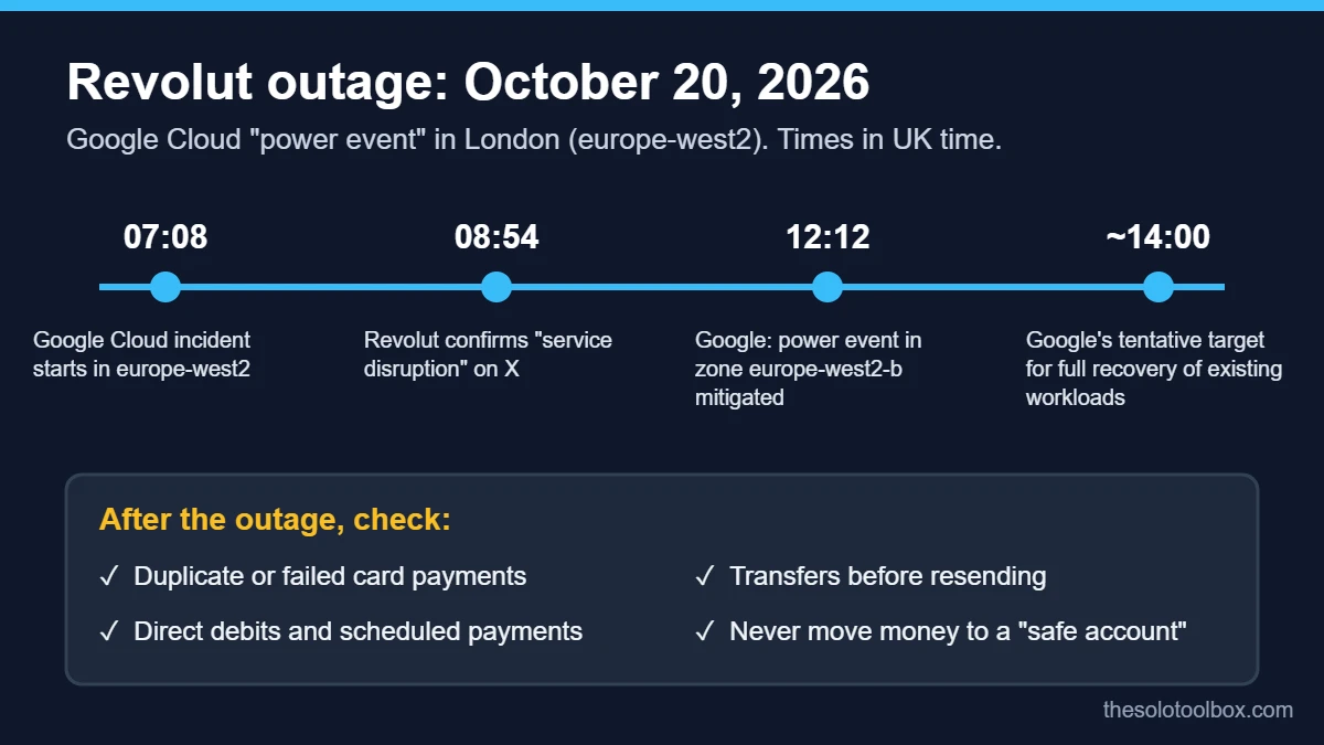 Timeline of the Revolut outage on October 20, 2026, linked to a Google Cloud power event in London, with a checklist of account checks