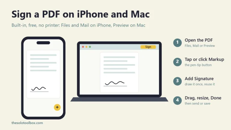 Illustration of signing a PDF on an iPhone and a Mac: open the PDF, tap Markup, add a signature, then drag it into place