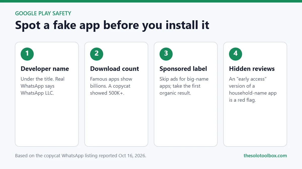 Checklist for spotting fake apps on Google Play: check the developer name, compare download counts, skip Sponsored results, and be wary of hidden reviews.
