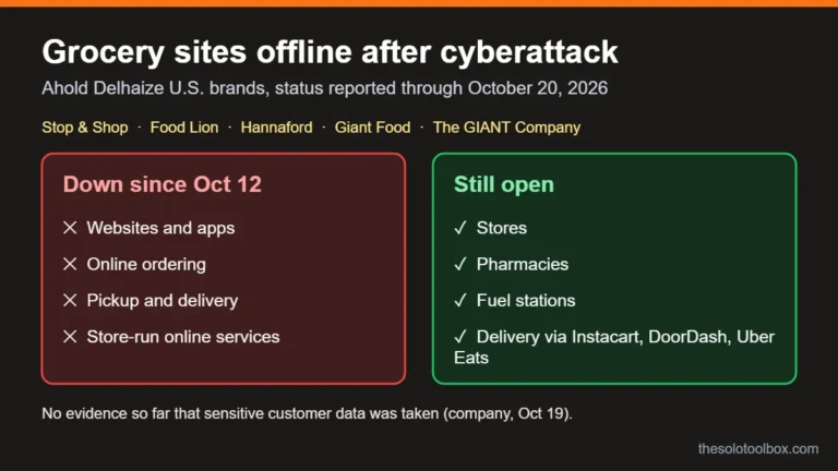 Infographic showing which Stop & Shop, Food Lion, Hannaford and Giant services are down and which are still open after the Ahold Delhaize cyberattack