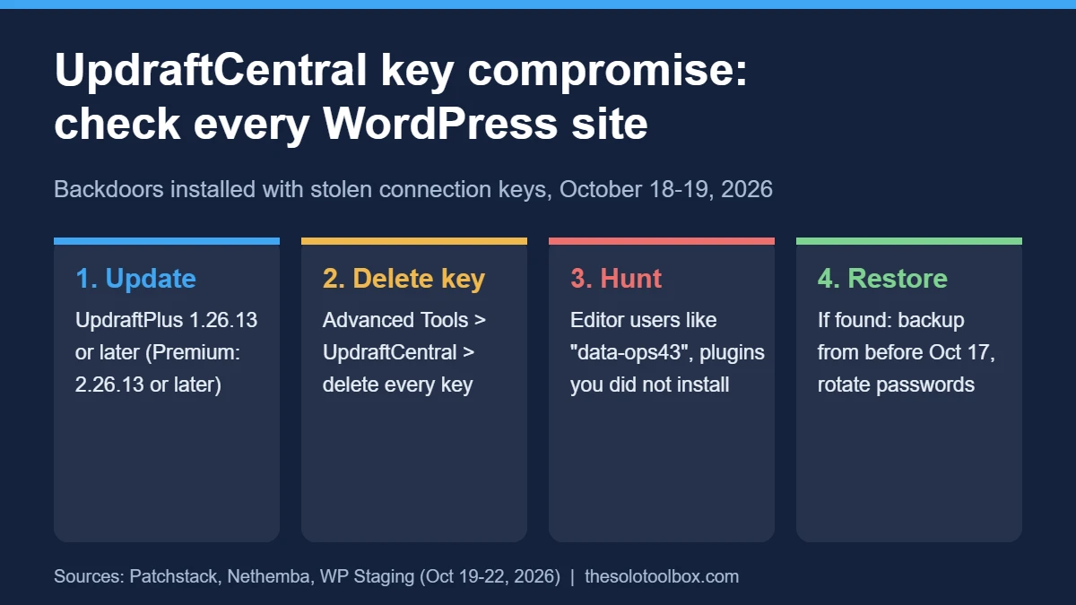 Four-step checklist for the UpdraftCentral key compromise: update UpdraftPlus, delete the UpdraftCentral key, hunt for hidden users and plugins, restore if compromised