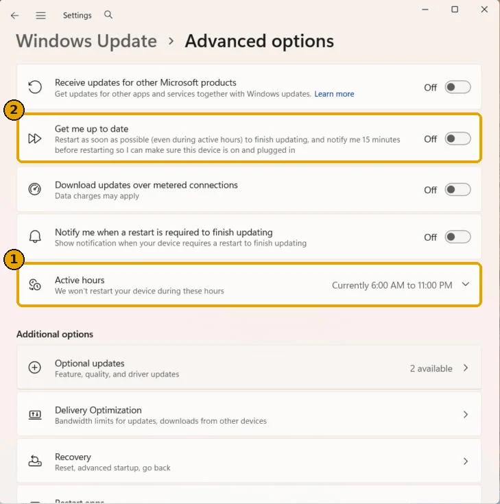 Windows Update Advanced options page with the Active hours row highlighted, currently 6:00 AM to 11:00 PM, and the Get me up to date toggle turned off